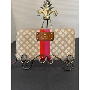Kate Spade Large Beige Red Pink Good Monogram Stripe Zip Around Wallet